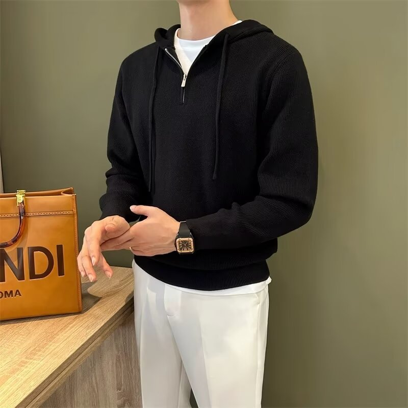 Solid Color Men's Half Zipper Hooded Sweater