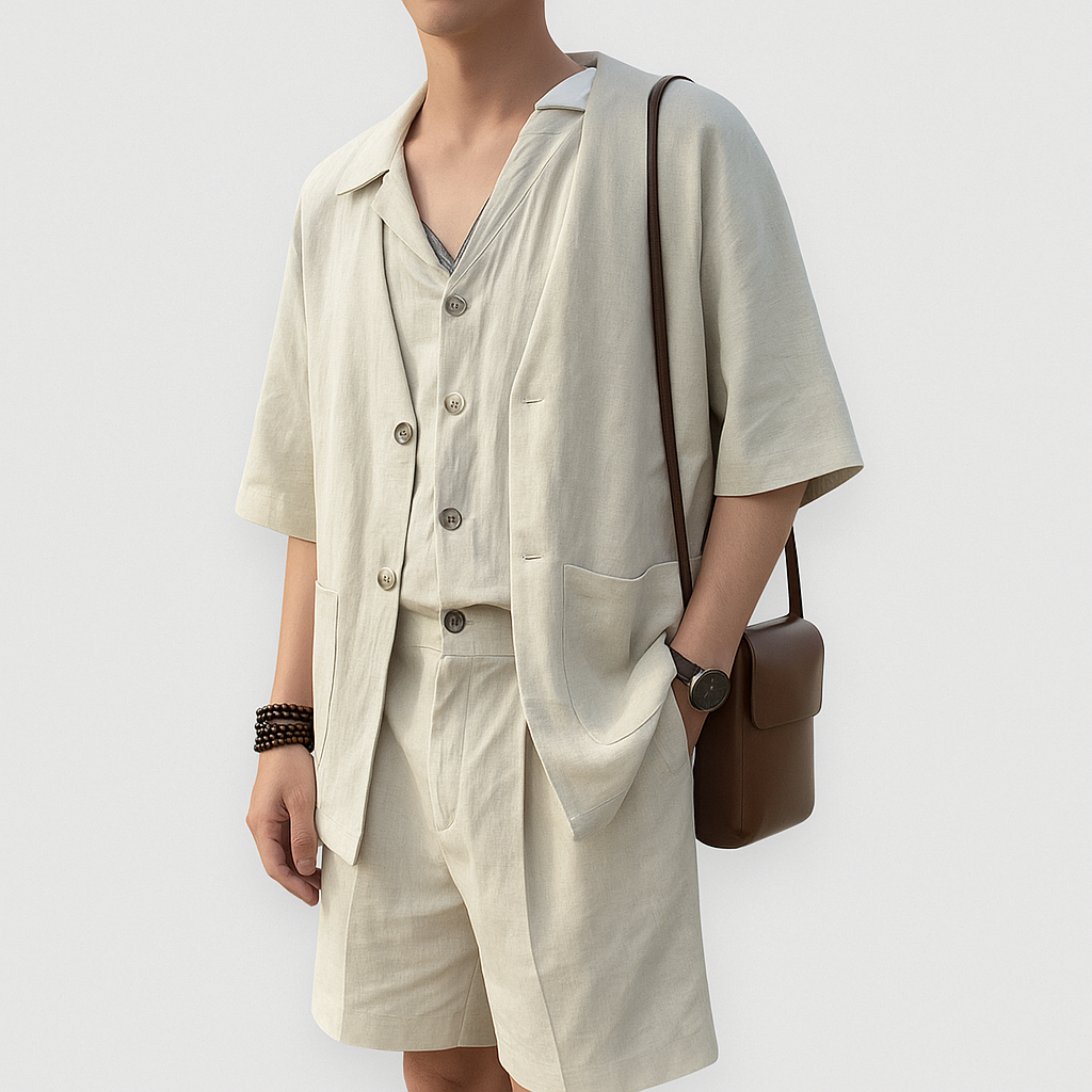 Men's Linen Short Sleeve Shirt Set Linen Summer