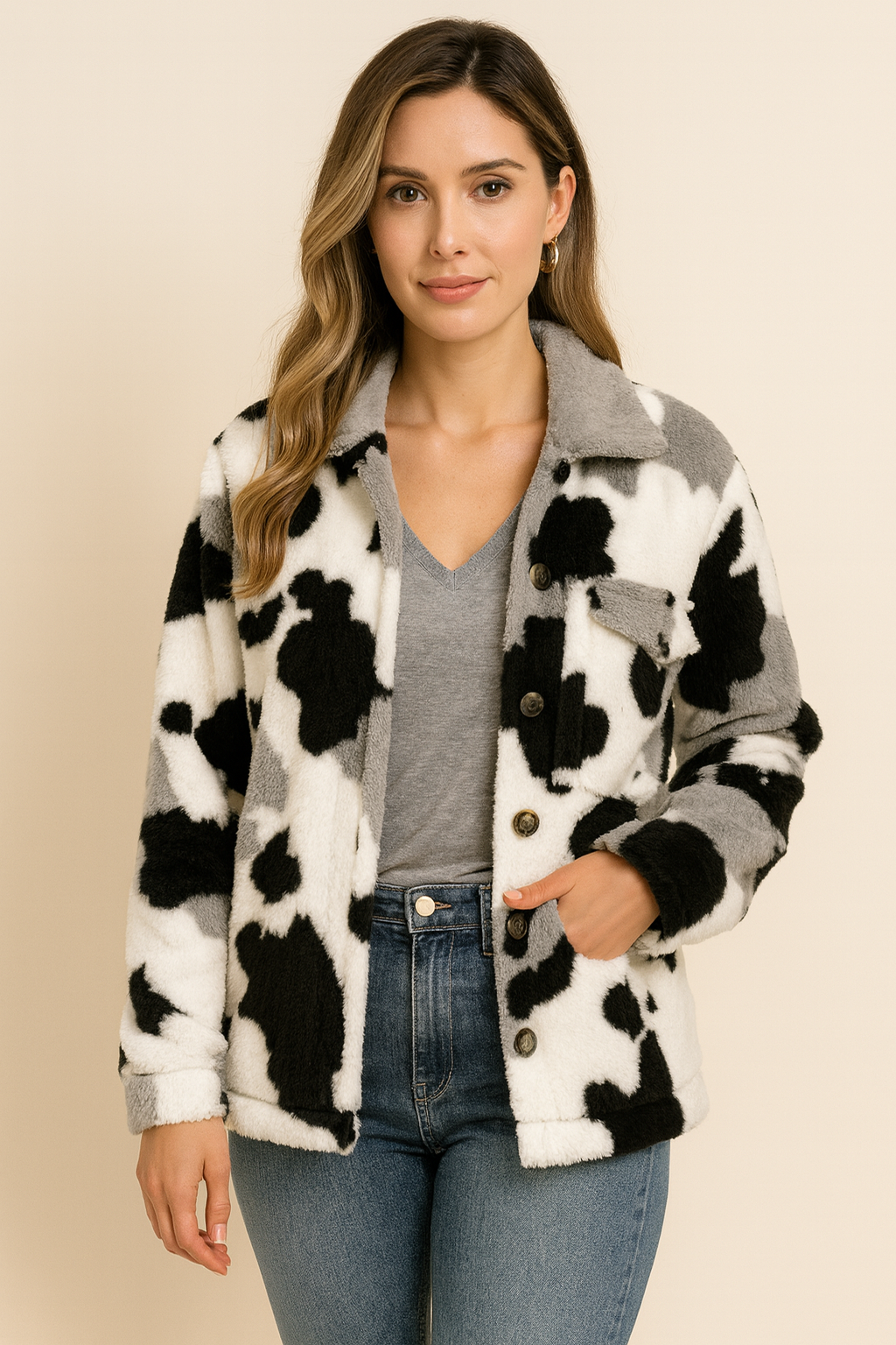 Double-sided Plush Cow Pocket Top Jacket