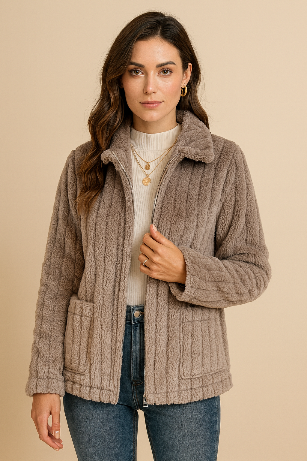 Autumn And Winter New Style Pit Striped Plush Cardigan Lapel Short Jacket