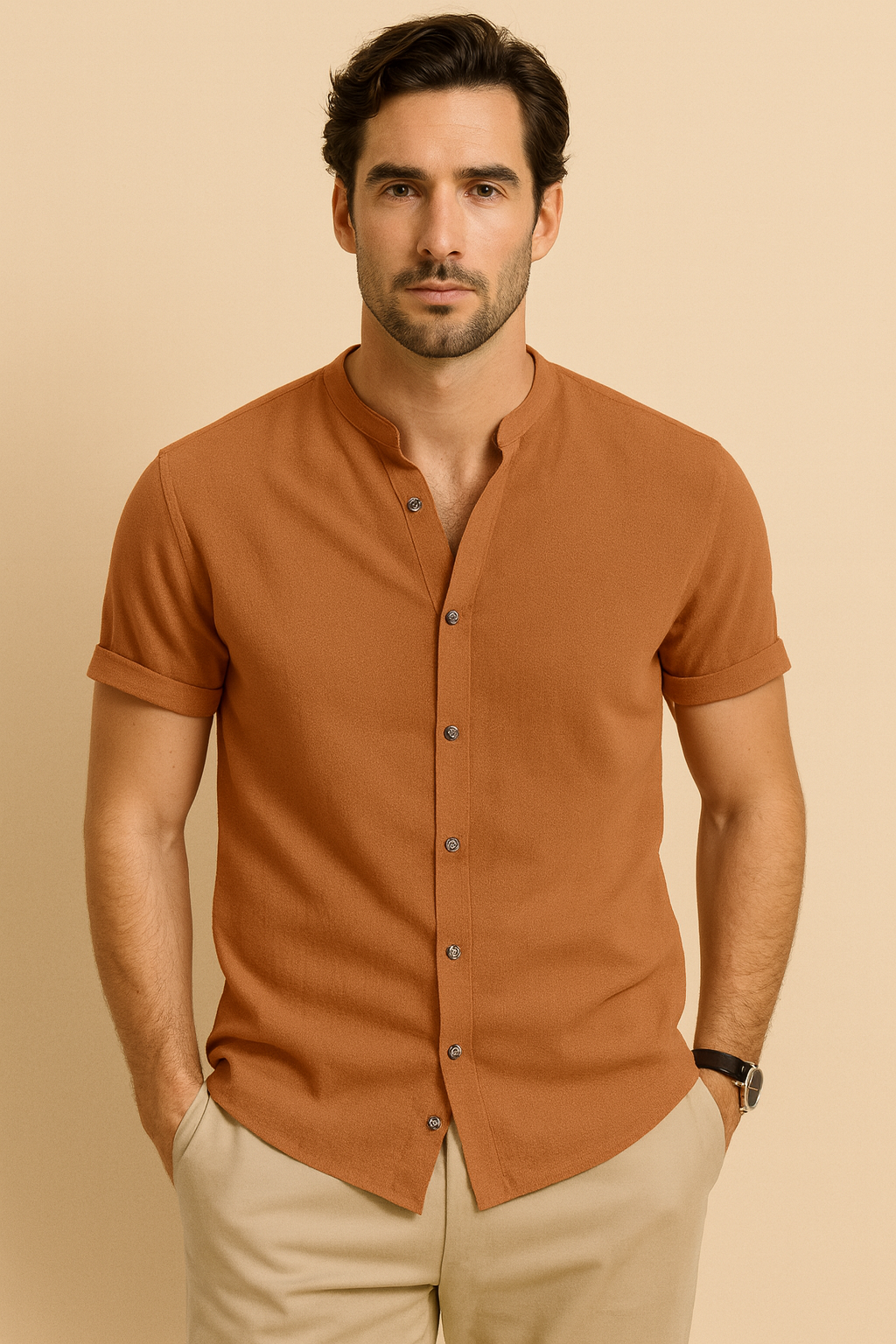 Cross-border new fashion men's retro button cotton and linen casual short-sleeved shirt