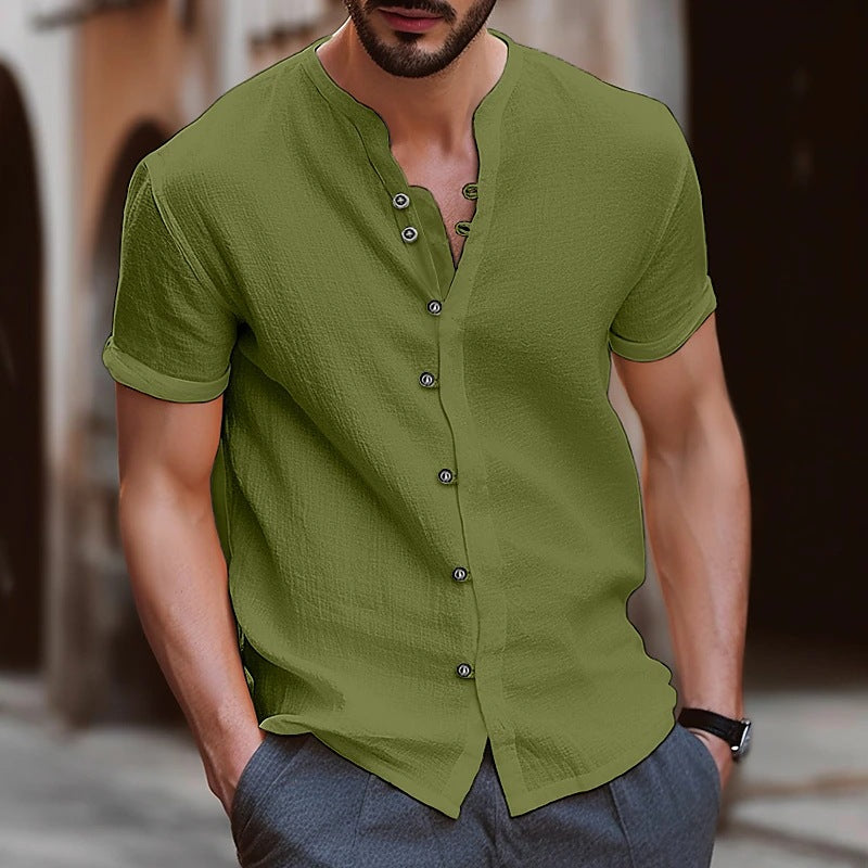 Cross-border new fashion men's retro button cotton and linen casual short-sleeved shirt