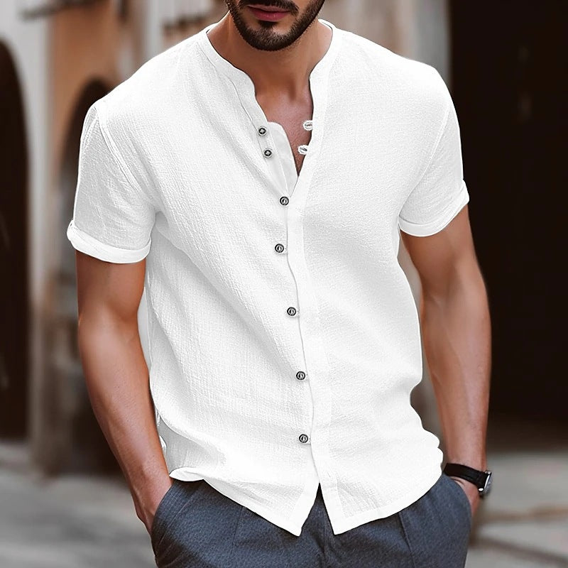 Cross-border new fashion men's retro button cotton and linen casual short-sleeved shirt