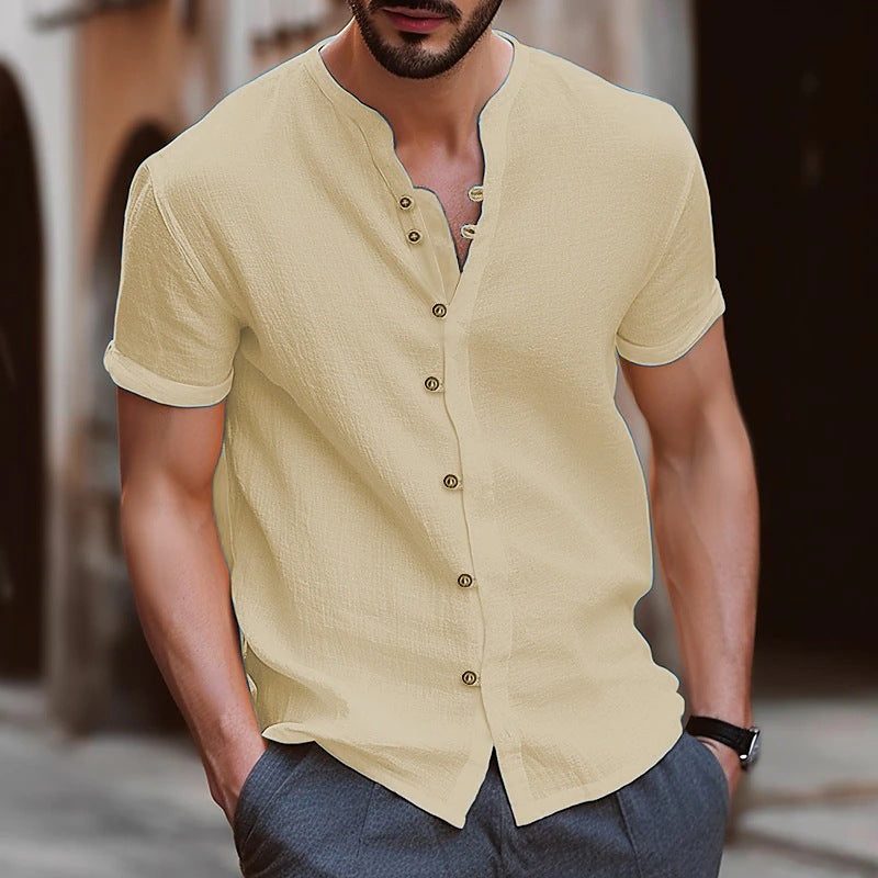 Cross-border new fashion men's retro button cotton and linen casual short-sleeved shirt