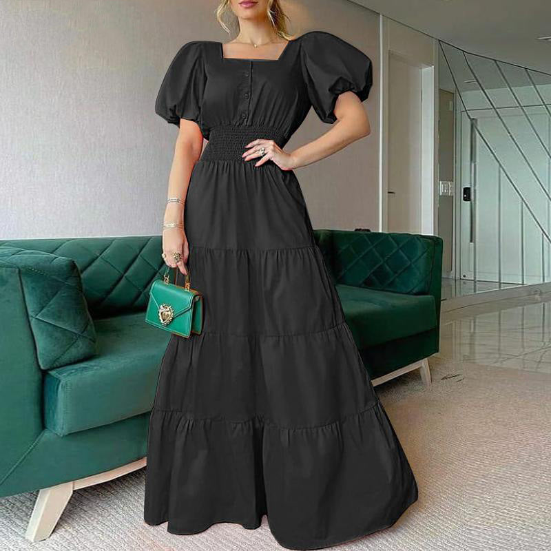 2022 Summer Ladies Dress Sundress Square Neck Puff Sleeve Maxi Dress Casual Beach Dress