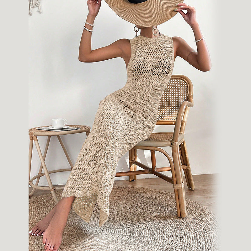 2024 cross-border beach dress European and American hollow knitted long dress