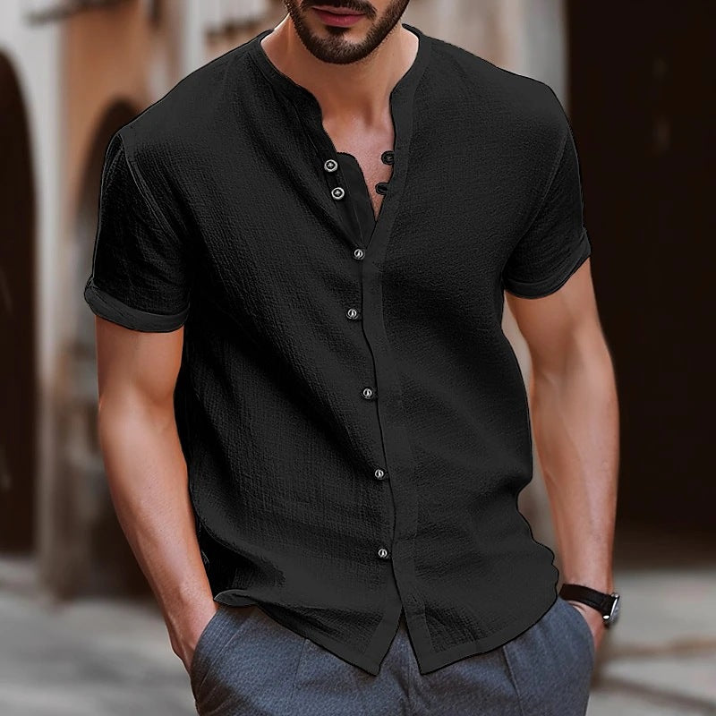 Cross-border new fashion men's retro button cotton and linen casual short-sleeved shirt