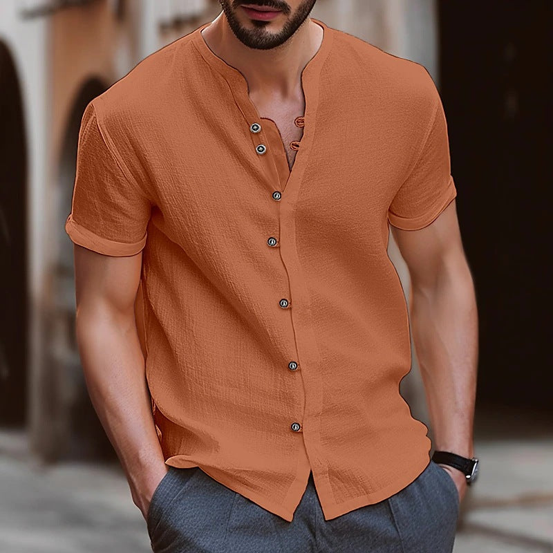 Cross-border new fashion men's retro button cotton and linen casual short-sleeved shirt