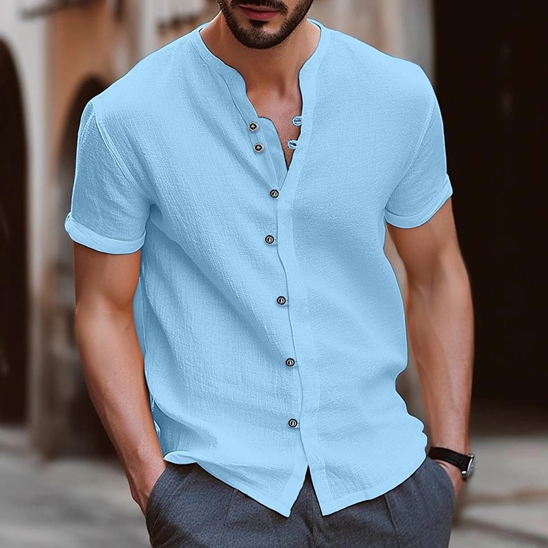 Cross-border new fashion men's retro button cotton and linen casual short-sleeved shirt