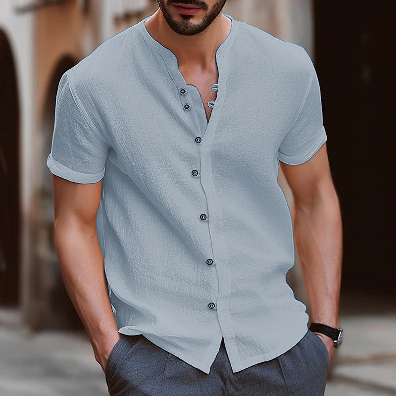 Cross-border new fashion men's retro button cotton and linen casual short-sleeved shirt