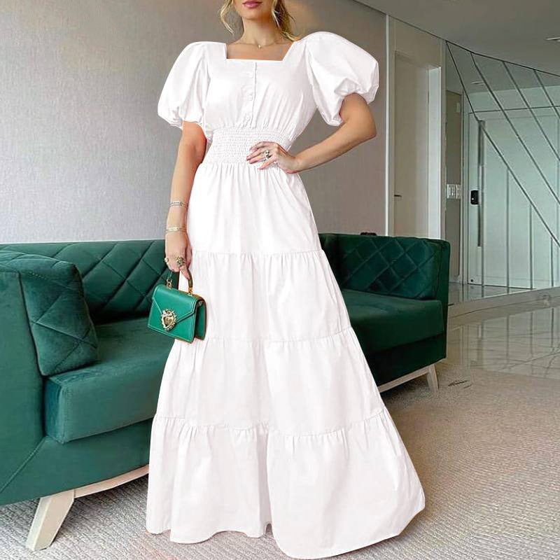 2022 Summer Ladies Dress Sundress Square Neck Puff Sleeve Maxi Dress Casual Beach Dress
