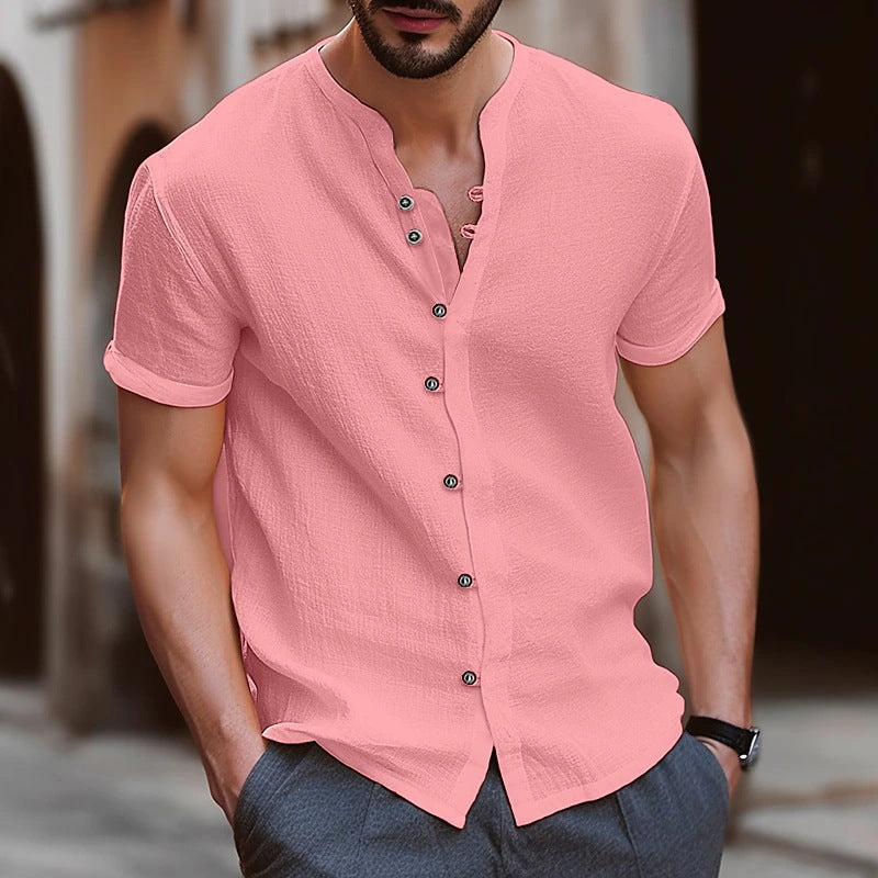 Cross-border new fashion men's retro button cotton and linen casual short-sleeved shirt
