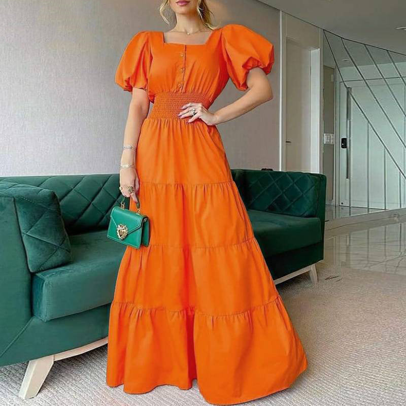 2022 Summer Ladies Dress Sundress Square Neck Puff Sleeve Maxi Dress Casual Beach Dress