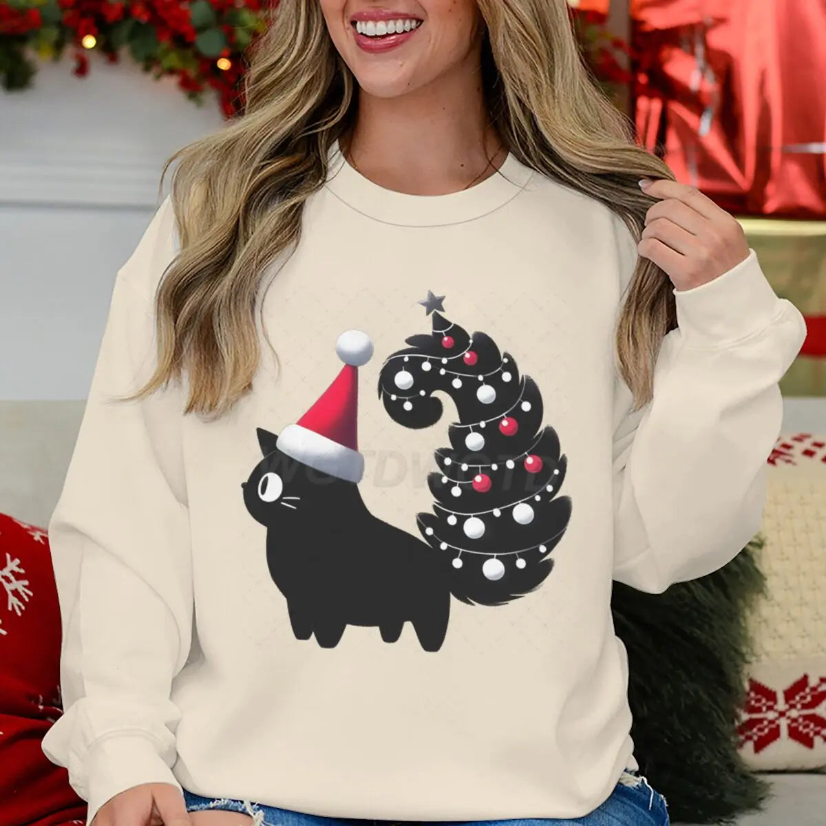 Cute Christmas Cat Pullover for Women